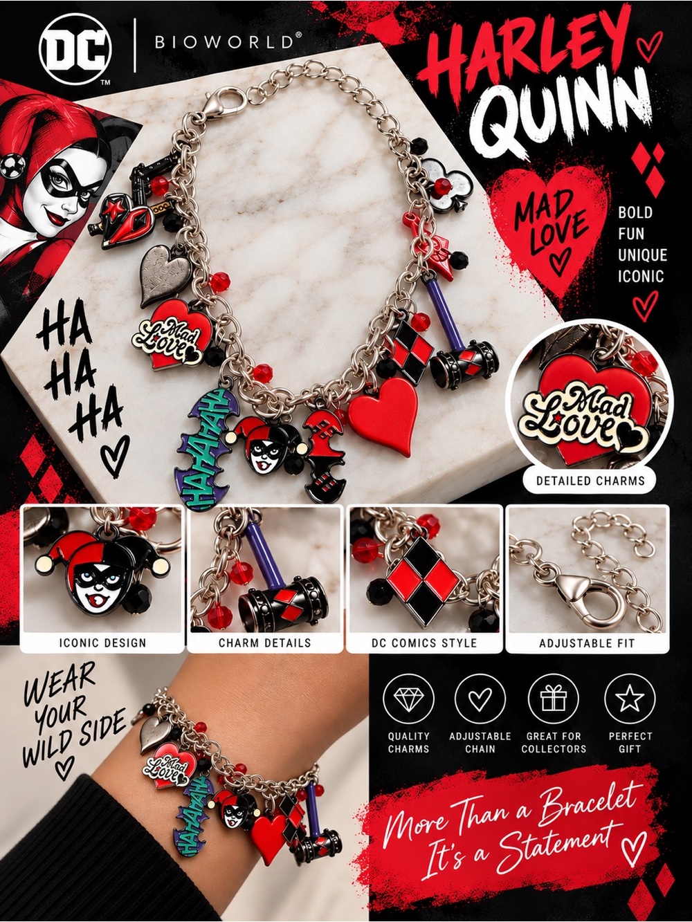 DC Comics Harley Quinn Bioworld Mad Love Charm Bracelet HTF